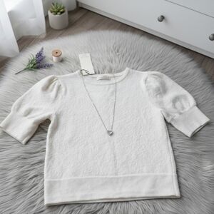 RACHEL ZOE Size M Cream 100% Extrafine Merino Wool Puff Sleeve Knit Sweater NWT